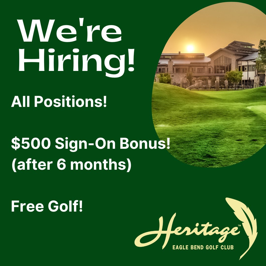 HeritageEB's tweet photo. Now Hiring for All Positions!  We want you (or someone you know) to join our team.  There is a $500 sign-on bonus (after 6 months) and free golf!
https://t.co/6mxilT18KX
#NowHiring #employment https://t.co/6zq6v1hTFA