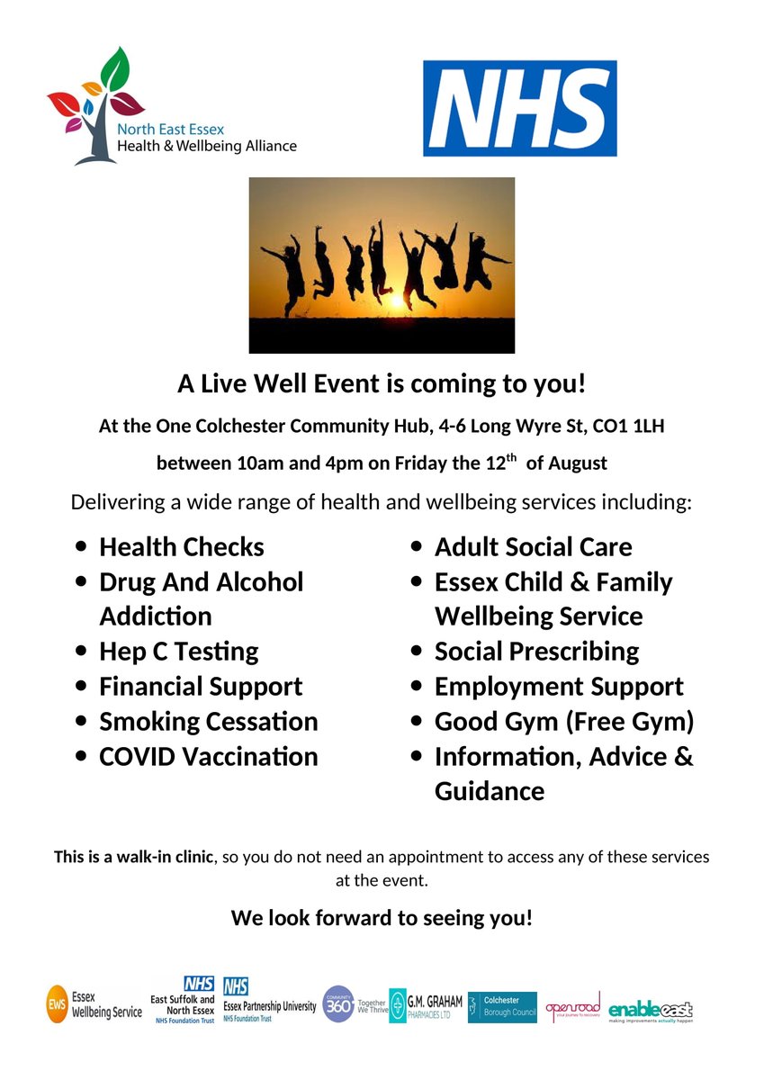 The Essex VCSE Alliance (@allianceessex) on Twitter photo A Live Well Event is coming to you! <a href="/Community360org/">Community360</a>
<a href="/Open_Road/">Open Road</a> <a href="/enableeast/">Enable East</a> <a href="/yourcolchester/">Colchester City Council</a> @NEECCG <a href="/Provide_CIC/">Provide</a> <a href="/EPUTNHS/">EPUT</a> A Live Well Event is coming to you! <a href="/Community360org/">Community360</a>
<a href="/Open_Road/">Open Road</a> <a href="/enableeast/">Enable East</a> <a href="/yourcolchester/">Colchester City Council</a> @NEECCG <a href="/Provide_CIC/">Provide</a> <a href="/EPUTNHS/">EPUT</a>