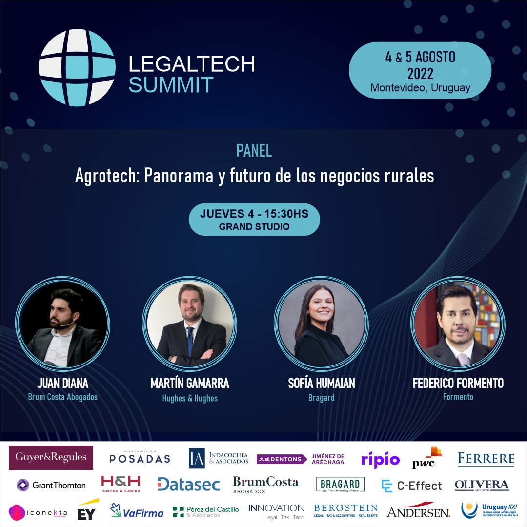 legaltechsummit's tweet photo. No te pierdas esta interesante panel sobre: Agrotech: Panorama y futuro de los negocios rurales integrado por: Juan Diana Romero, Martin Gamarra Paoli, María Sofía Humaian y Federico Formento

REGISTRATE YA: https://t.co/NcOc3wGAgC

#legaltechsummit2022 #DeInterésANII https://t.co/rGto7f3d7v