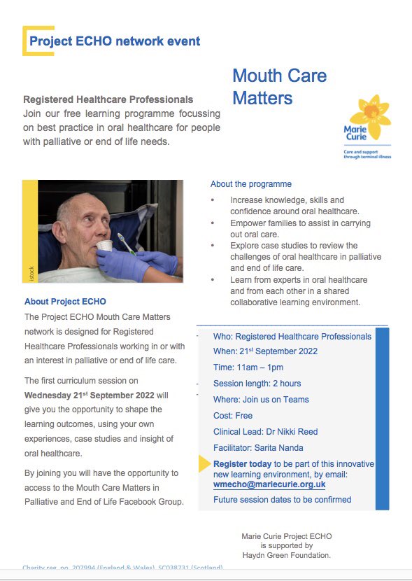 FREEEEEEEEEE training for registered professionals with <a href="/MarieCurieECHO/">Marie Curie Project ECHO</a> mouth care matters at end of life! Please share and get signed up