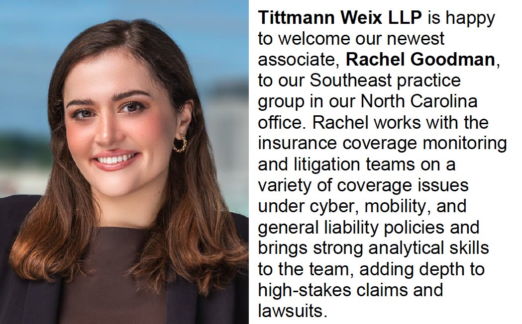 TittmannWeix's tweet photo. Welcome, Rachel Goodman!

#TittmannWeix #InsuranceLaw #cyber #litigation #insurance #law #InsuranceCoverage https://t.co/faLQQVolvt