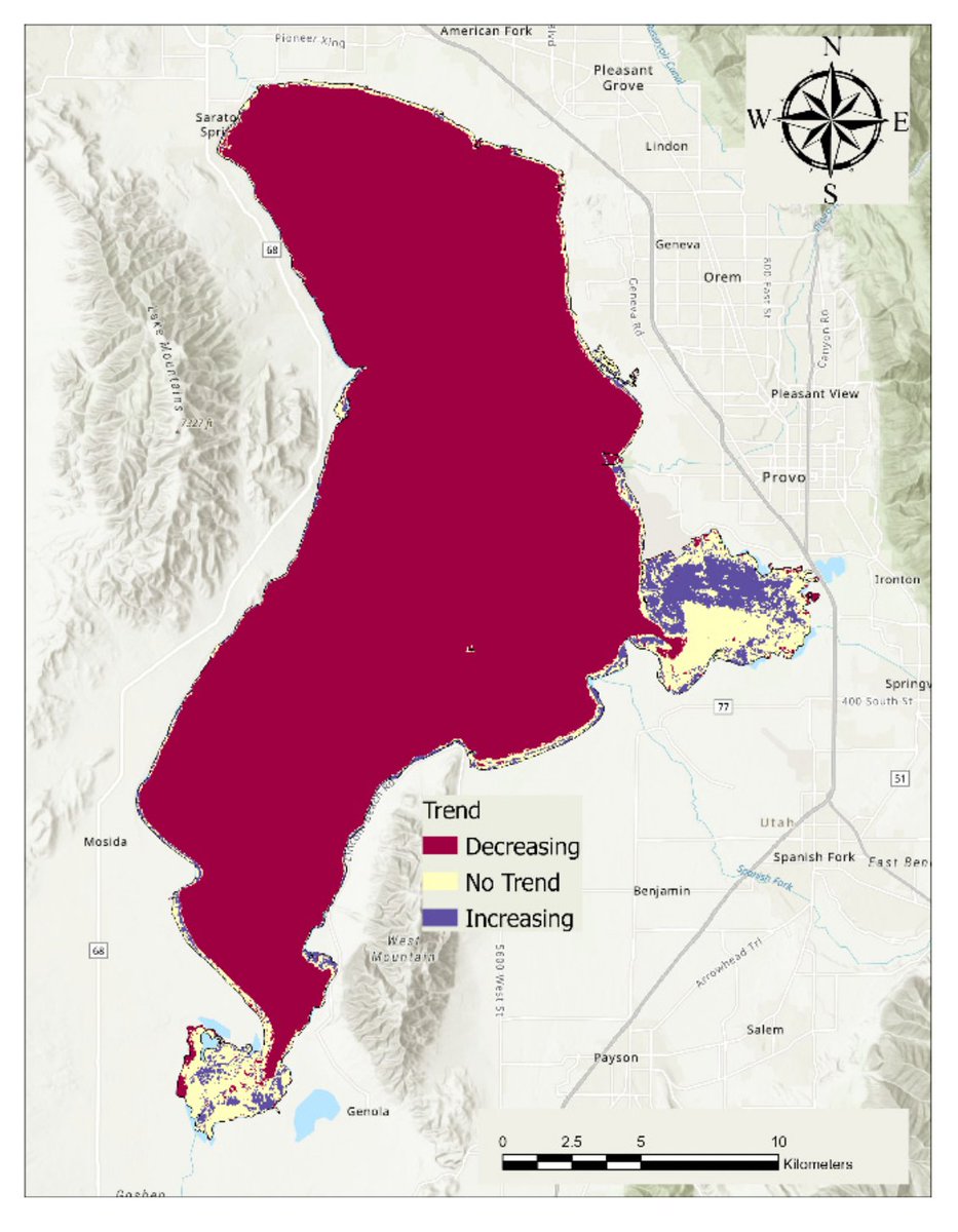 thermokarst's tweet photo. One of the biggest misconceptions about Utah Lake is that it's getting worse.

A new study by Kaylee Tanner @BYU shows that blooms have decreased over the past 40 years, with the largest improvements in summer and fall.

@NASA_Landsat @USGSLandsat #utpol  https://t.co/u4AcADZs6r https://t.co/aH6az9Ktpy