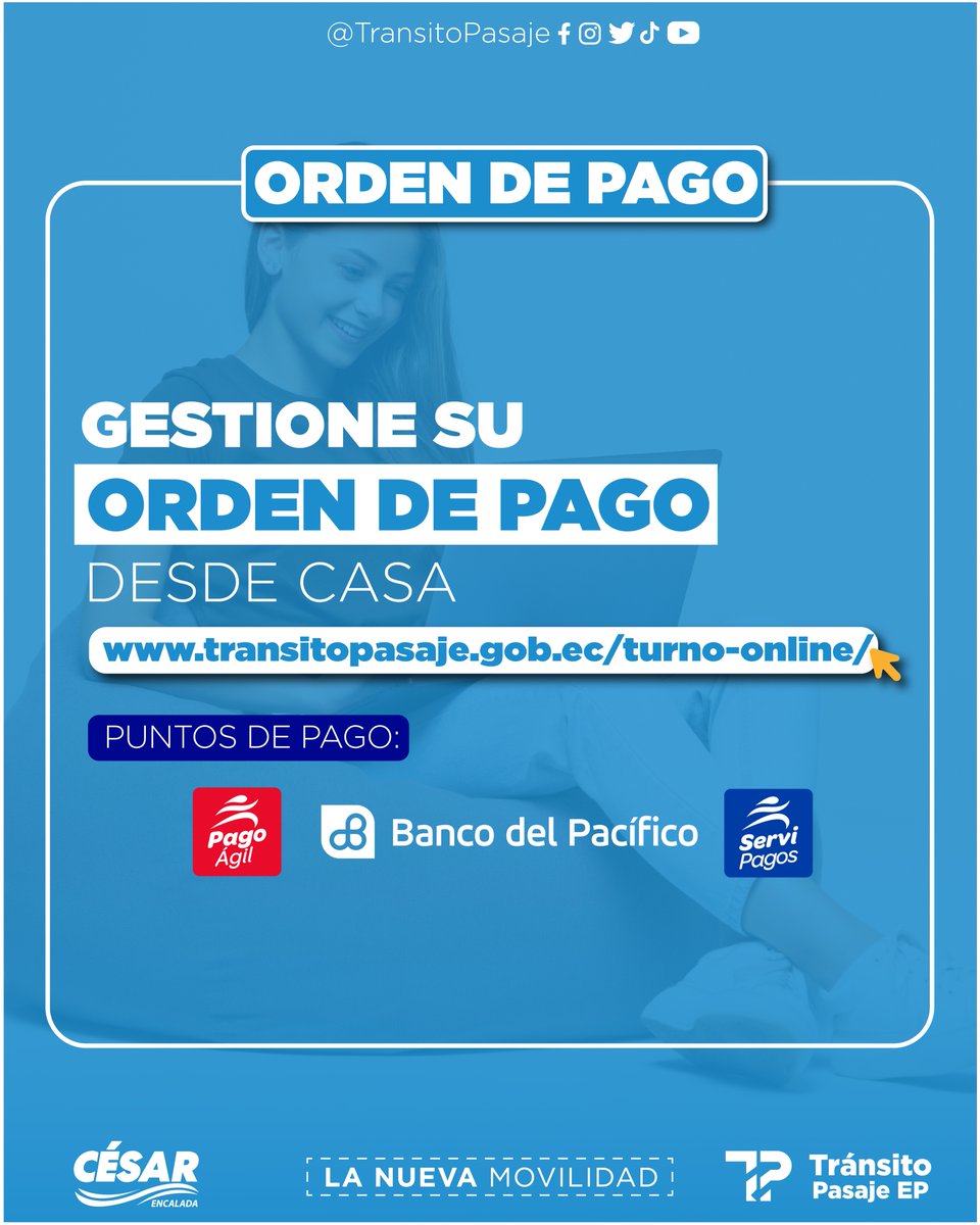 TransitoPasaje's tweet photo. #TránsitoInforma | Genere su orden de 
pago desde casa y cancele sus valores en #Servipagos , #BancoDelPacífico o #PagoÁgil . 🧑‍💻

¡Ahora todos es más fácil!

#LaNuevaMovilidad ✅ https://t.co/YoekETSYTf
