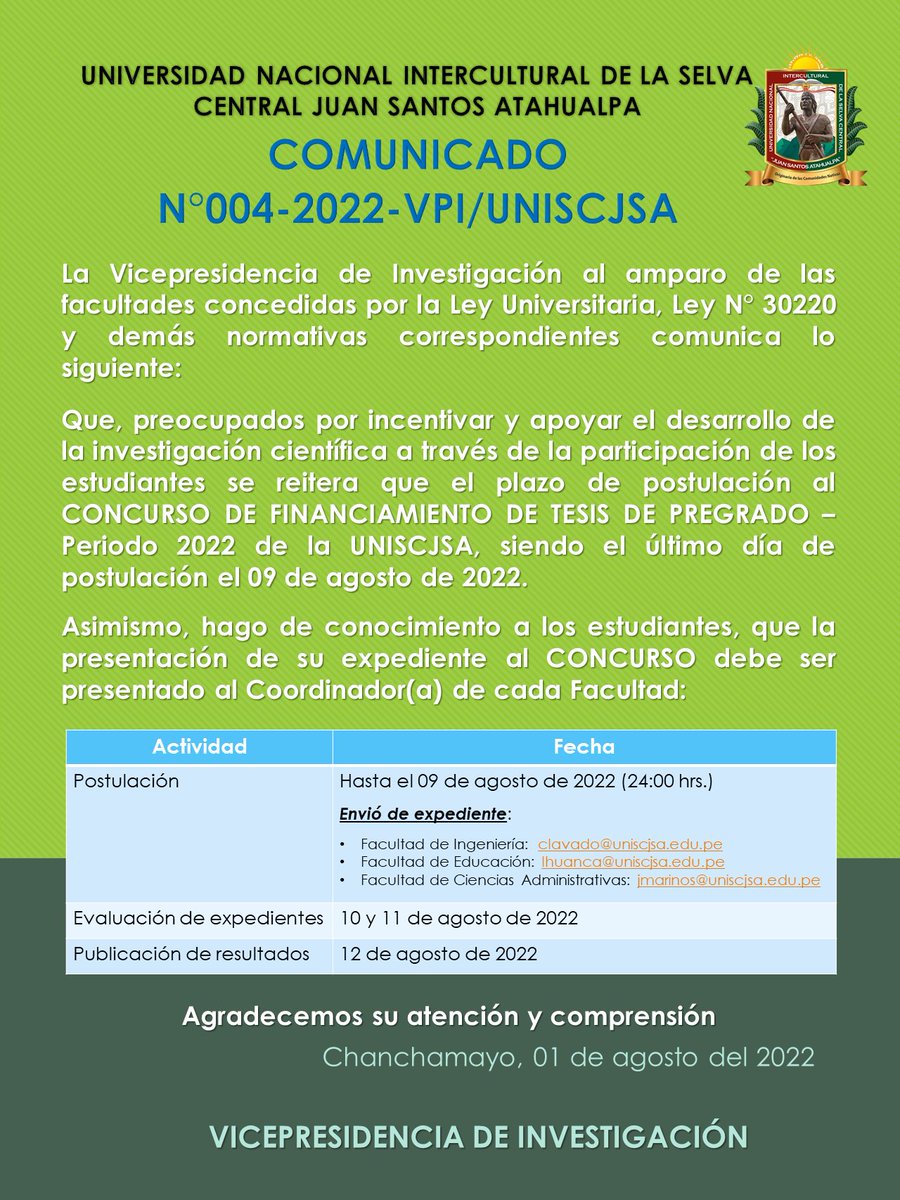 UniscjsaOficial's tweet photo. 📣Atención estudiantes de la #UNISCJSA ‼️
Se amplio el plazo para la postulación al CONCURSO DE #FINANCIAMIENTO DE #TESIS DE #PREGRADO – Periodo 2022, siendo el último día de postulación el 09 de agosto de 2022. https://t.co/uga9p7GQ0V