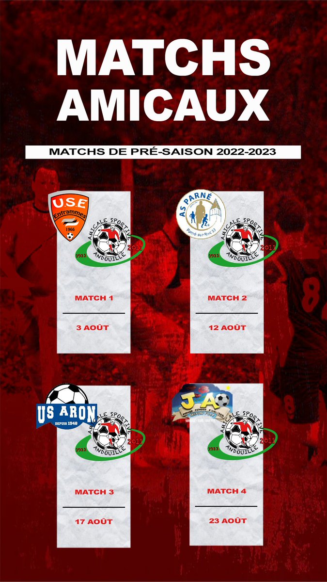 asandouille53's tweet photo. 🤝[𝑴𝑨𝑻𝑪𝑯𝑺 𝑨𝑴𝑰𝑪𝑨𝑼𝑿]

📌Voici la liste des matchs amicaux de notre équipe fanion pour préparer au mieux cette rentrée en R3. 

🔜Rendez-vous dès demain à 19h30 avec la réception de l'US Entrammes au stade Constant Jouis. https://t.co/X39m3jJI1d