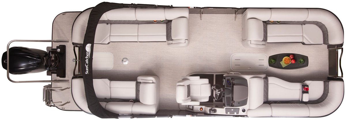 The Elite 324 RC has 2 helm chairs that set across from one another in the center of the boat, while the RCX model (pictured) only has the one Captain's helm chair.  The RCX model offers a more open layout for those who do not need the additional seat.  

suncatcherpontoons.com/suncatcher-eli…