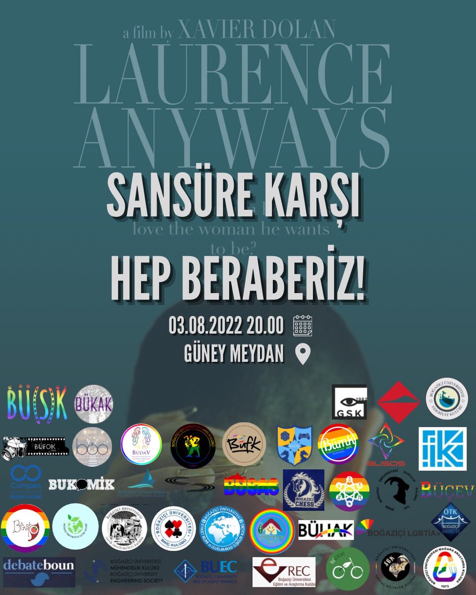 Sansüre rağmen hep beraberiz! Boğaziçi Öğrenci Kulüpleri olarak 3 Ağustos Çarşamba günü (yarın) saat 20.00’de Güney Meydan’da ortak açık hava gösterimimize hepinizi bekleriz.