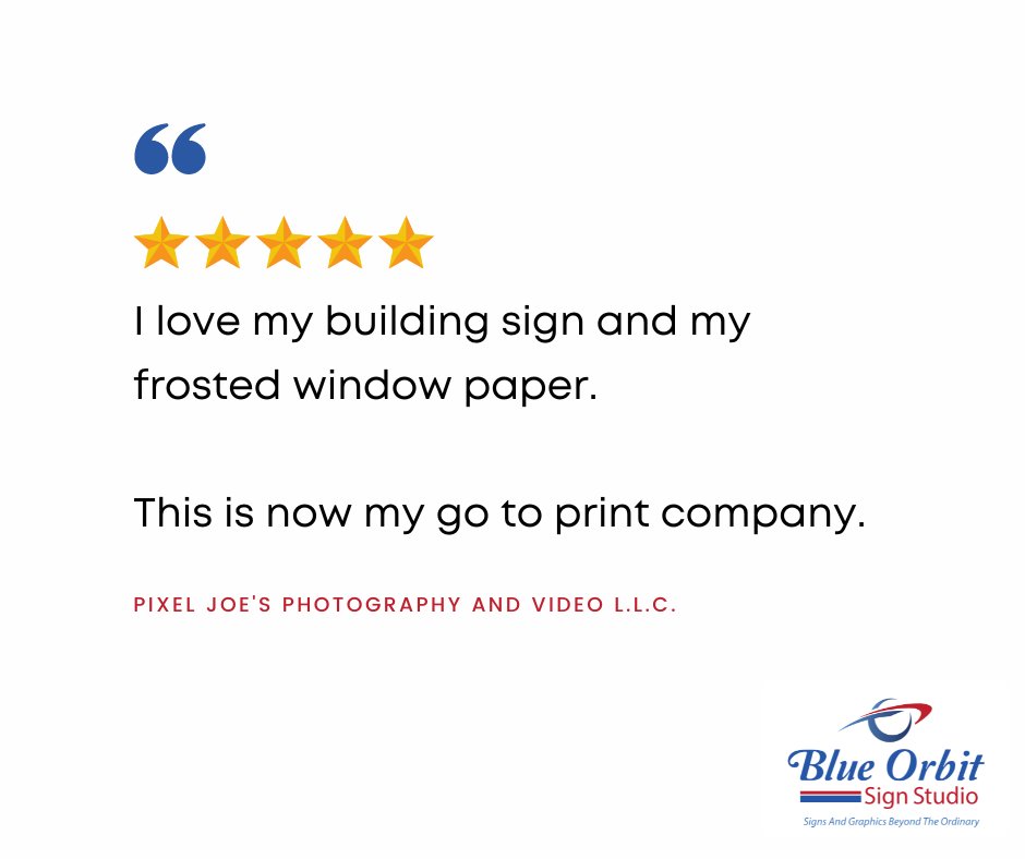 blueorbitsigns's tweet photo. Thank you for the kind words, Pixel Joe’s Photography and Video! Have we partnered with you on a recent signage project?

Please leave us a Google review if you loved our service: https://t.co/MVsTXazd35

#reviews #googlereviews #customsigns #BlueOrbitSignStudio #creativesigns https://t.co/Mo1SRzTzoq