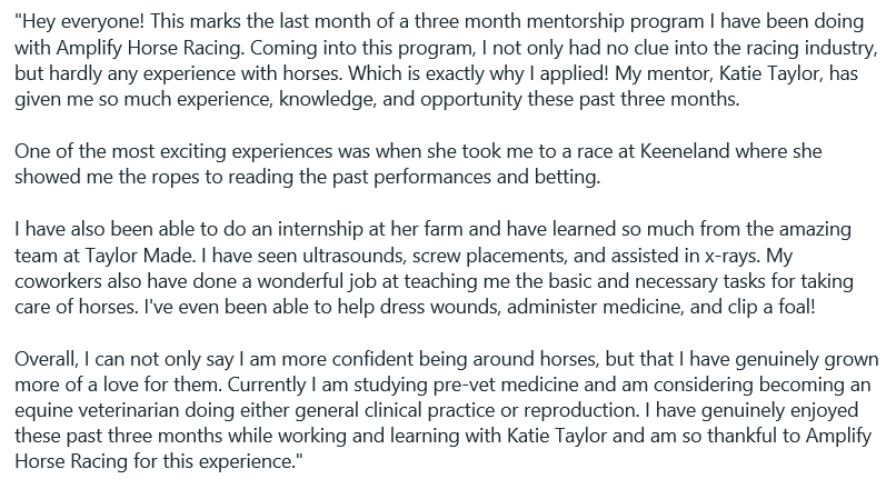 AmplifyRacing's tweet photo. While applications are still open for our #AmplifyHorseRacing Mentorship program until August 20, a few of our 2022 mentees have completed their three month course! Below, you'll find Alyssa Howell's recap of her time in the program with mentor Katie Taylor of @TaylorMadeSales. https://t.co/6oVo5j6ZrF