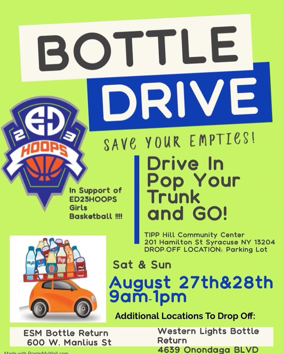 Come support @ED23HOOPS girls basketball teams August 27-28 9am-1pm each day! Bring your empty bottles and cans to help our ED23HOOPS girls! We will be at Tipp Hill Community Center 201 Hamilton Street Syracuse. Additional drop off locations are on the flyer mention ED23HOOPS! https://t.co/FYMsjK2Pkt