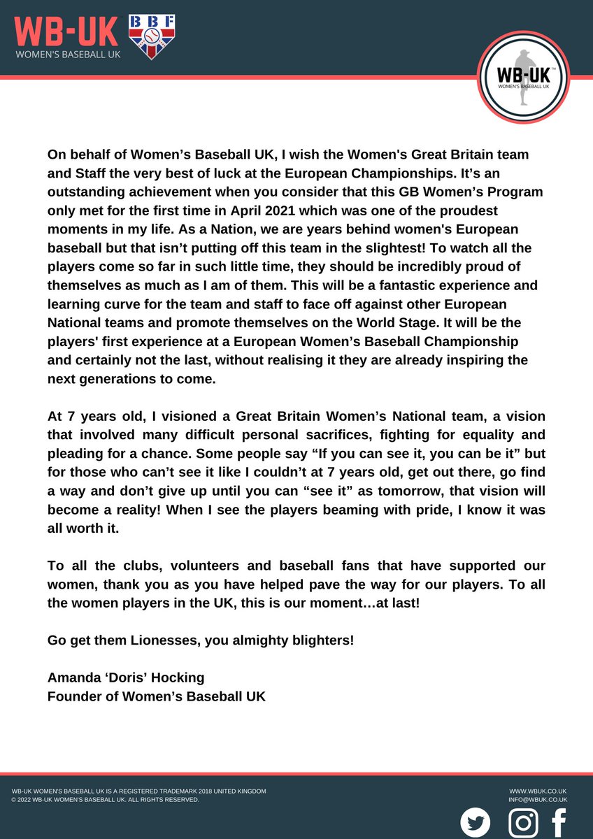 WBUKbaseball's tweet photo. To the Lionesses and the GB staff from our Founder @DorisBaseball https://t.co/VvhDJWCEMT