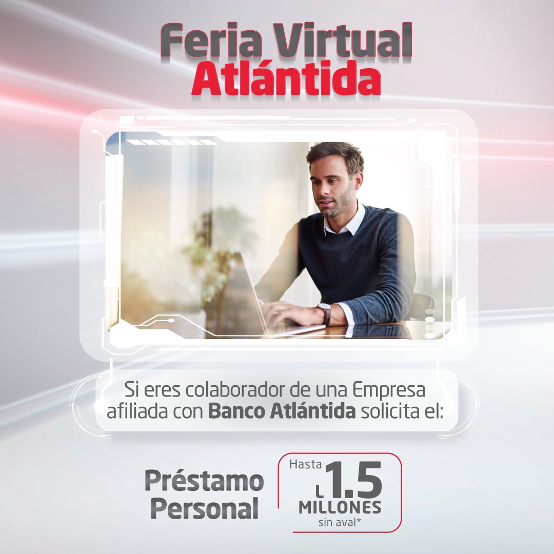 ¡Si tu empresa está afiliada a Banco Atlántida, solicita hoy tu  #PréstamoPersonal 🙋🏼con la  #FeriaVirtualAtlántida y recibe precalificación inmediata! 

Solicítalo aquí: bit.ly/3F4OTPH

#FeriaVirtualAtlántida #ImaginaCreeTriunfa