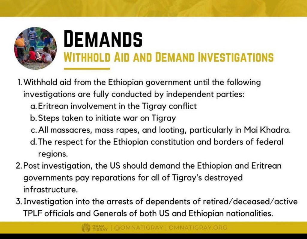 Millions starving and thousands being massacred in #Tigray. The US must withhold aid to the 🇪🇹 govt until Ethiopia allows independent investigations into the crimes committed by @AbiyAhmedAli. #TigrayGenocide #BidenActNow @JoeBiden @LindaT_G @Netsanetkidane6