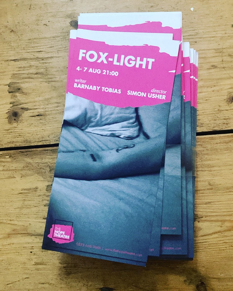 It’s just 2 days to go until the world premiere of FOX-LIGHT by <a href="/BarnabyTobias/">Barnaby Tobias</a> which plays <a href="/TheHopeTheatre/">The Hope Theatre</a> as part of <a href="/CamdenFringe/">Camden Fringe</a>. 4 to 7 August. Info &amp; tickets at thehopetheatre.com/productions/fo…