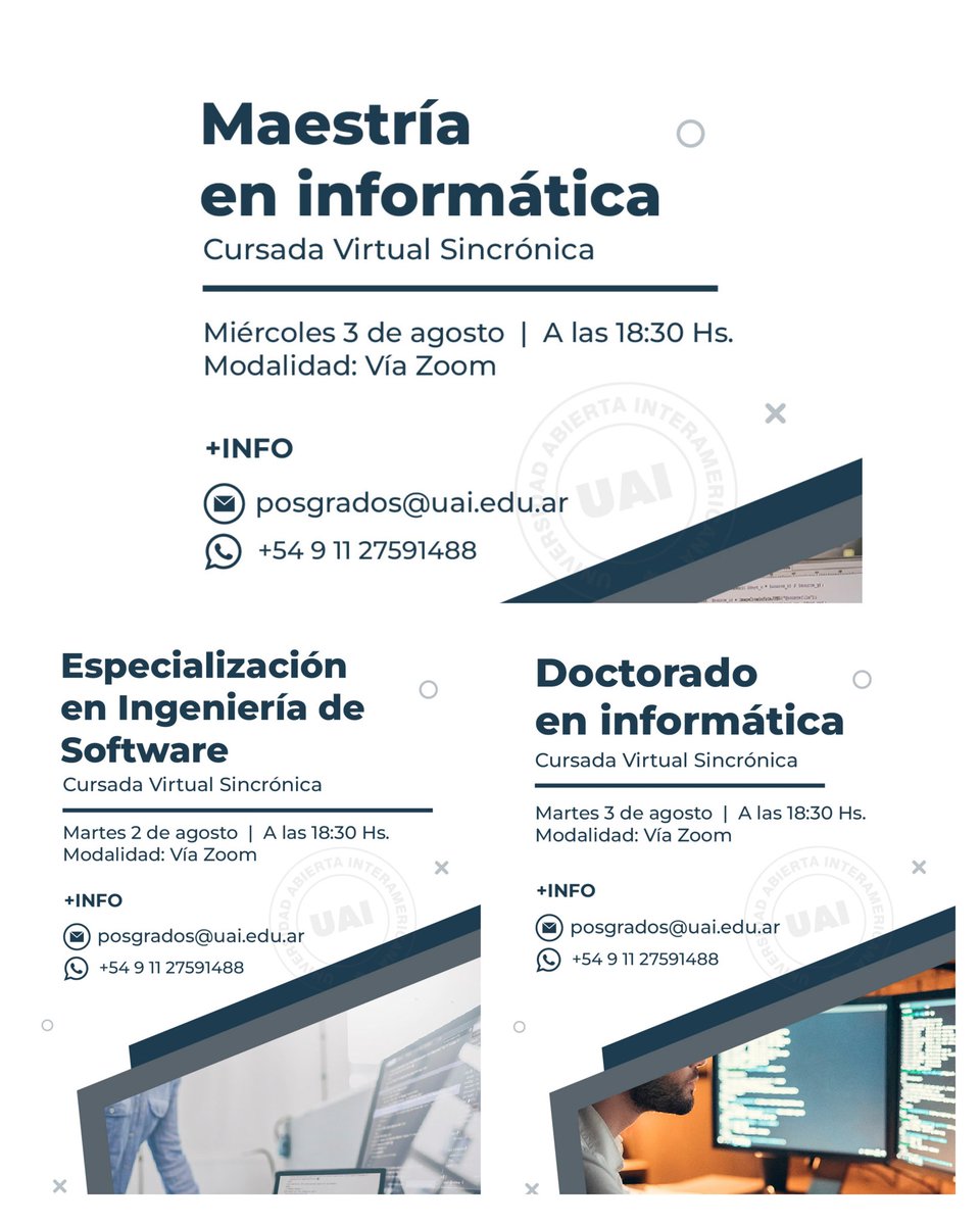 ✔️Maestria en informática ✔️Especialización en Ingeniería de Software
✔️Doctorado en Informática 
Reuniones informativas 👇
<a href="/UAI_Univ/">UAI_univ</a>
<a href="/en_uai/">Maestría en Tecnología Educativa-UAI (Virtual)</a>
@isi_uai_rosario
<a href="/PPSUAI/">Pps Uai</a> forms.gle/1BNcWUfv4AzoJ1…