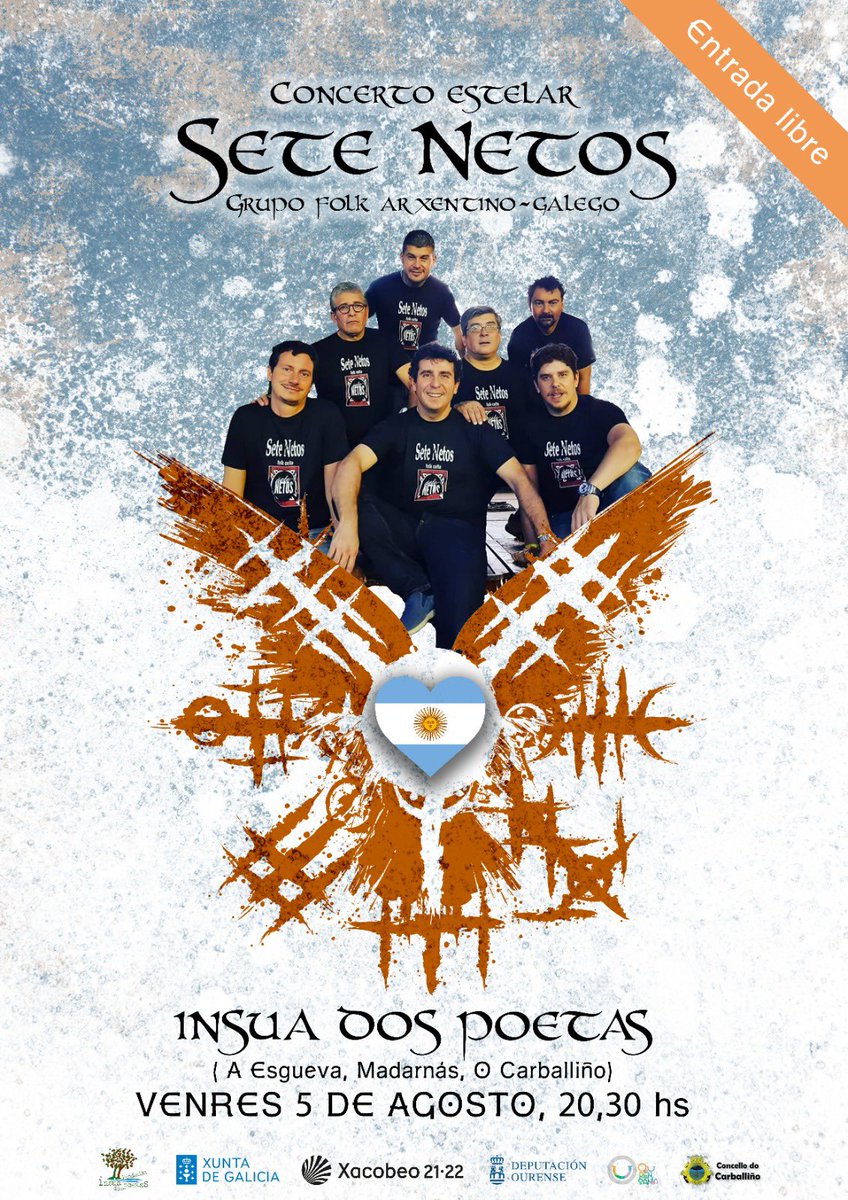 Este venres, o grupo folk arxentino-galego <a href="/setenetos/">Sete Netos</a> estará na <a href="/insuadospoetas/">Insua dos Poetas</a>.
Non faltedes! A entrada é de balde!
Grazas á <a href="/depourense/">depourense</a> e <a href="/SXPL/">Política Lingüística</a>