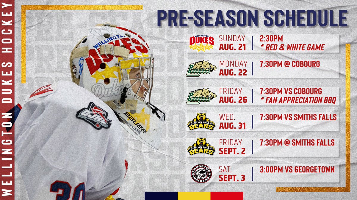OJHLDukes's tweet image. Mark your calendars; the Dukes pre-season schedule is out! Don’t miss a minute of the action as players battle for spots on the 2022-23 roster!

📷 Amy Deroche/OJHL Images