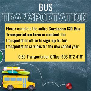 Will your student need bus transportation for the 2022-2023 school year? Please complete the online Corsicana ISD Bus Transportation form or call 903-872-4181. Link: bit.ly/3d0xjC8
#EveryTigerEveryDay