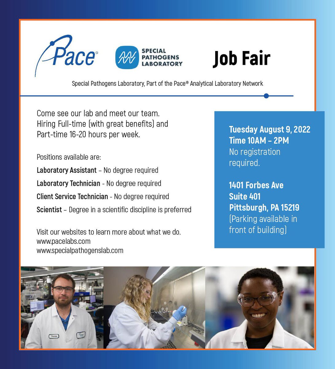***JOB FAIR ALERT*** 
Come see our lab and meet our team!🥼🧪
Tuesday, August 9, 2022 • 10AM - 2PM • 1401 Forbes Ave, Pittsburgh PA