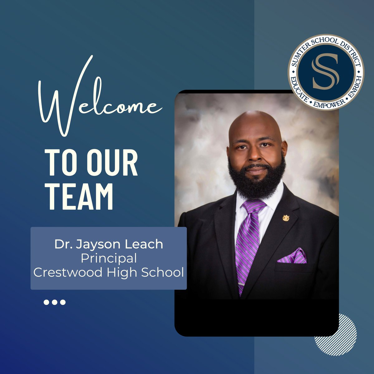 SumterSCSchools's tweet photo. Congratulations to Dr. Jayson Leach for being named Crestwood High School Principal. Welcome to our team! #SumterSDProud #TeachSumter @DrWrightSupt @crestwoodhighsc https://t.co/3ZSArKjvHK