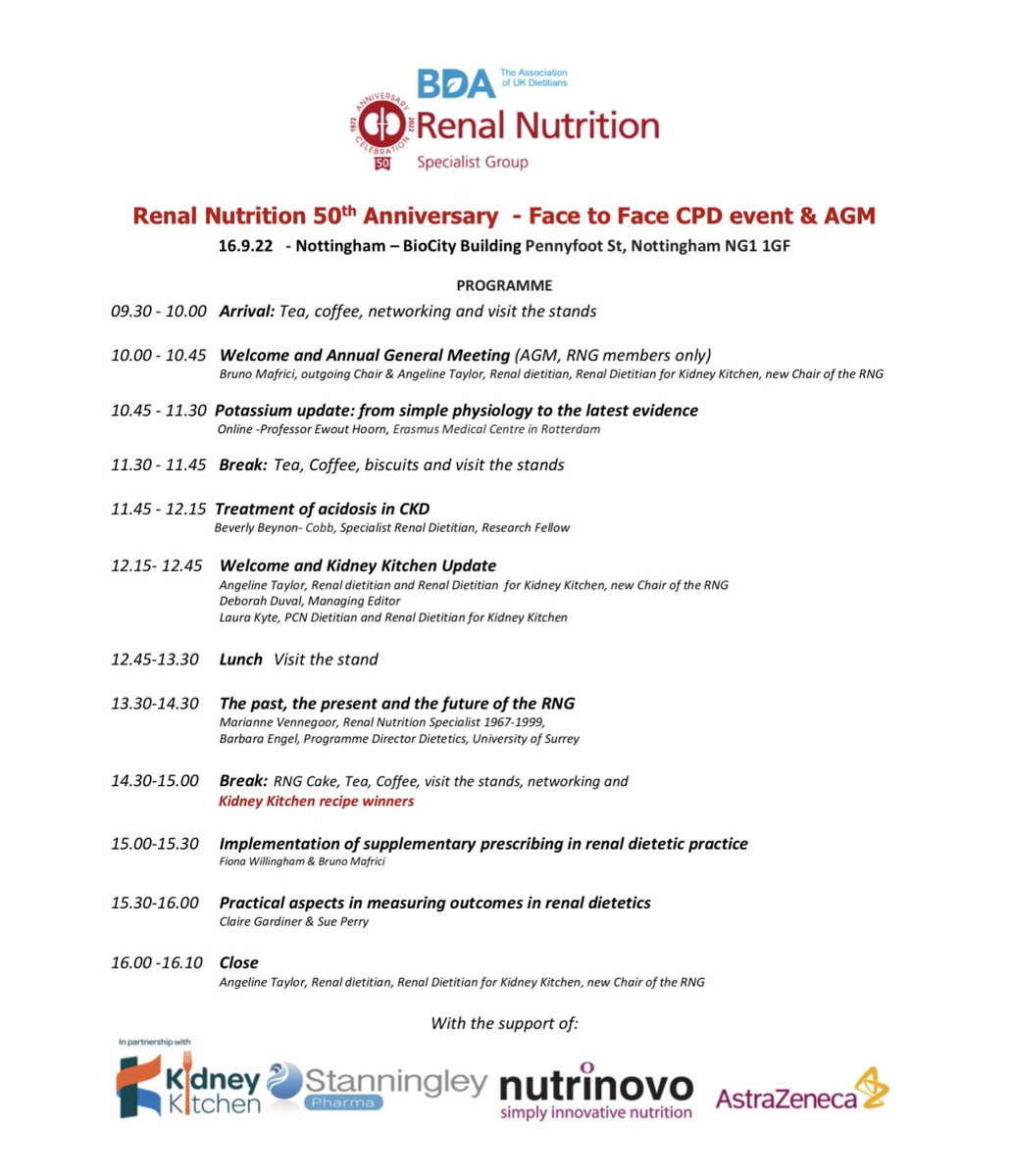Here’s our agenda for the 16th September! Have you booked your place yet ? @bda_renal <a href="/ASTRAZENECAUK/">AstraZenecaUK</a> <a href="/kidneycareuk/">Kidney Care UK @kidneycareuk.bsky.social</a> <a href="/nutrinovo/">Nutrinovo</a> #stanningleyPharma <a href="/BDA_Dietitians/">British Dietetic Association</a> <a href="/BDA_Events/">BDA Events</a>