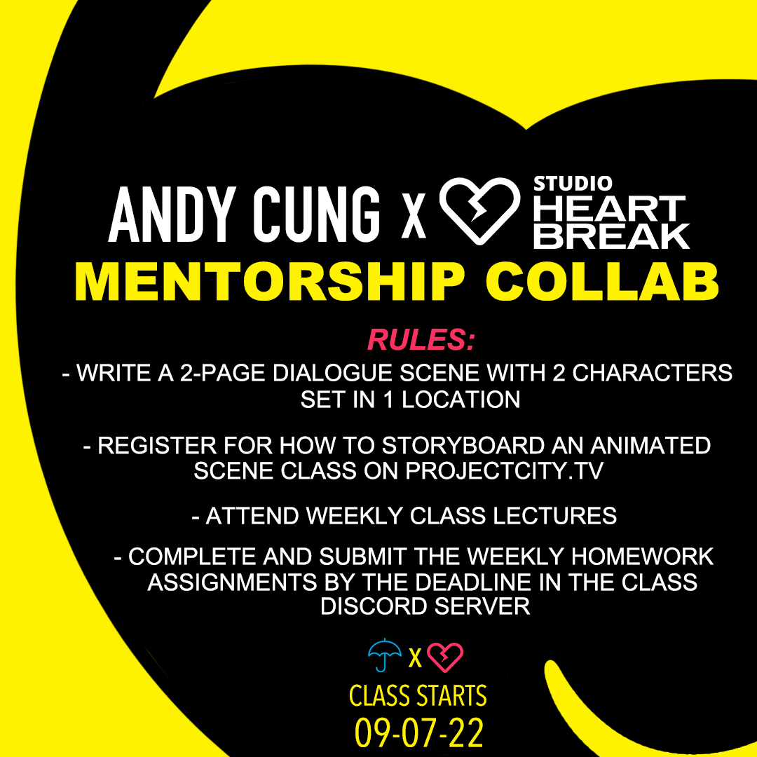 Andy_B_Cung's tweet photo. I'll be doing a Mentorship Collaboration with @studioheartbrk for my How to Storyboard an Animated Scene class @ProjectCityTV and there's an opportunity for a FREE 8-WEEK mentorship alongside @studioheartbrk after the class is over. Details below: https://t.co/vhesFK82YH https://t.co/GYI6eeY1XQ