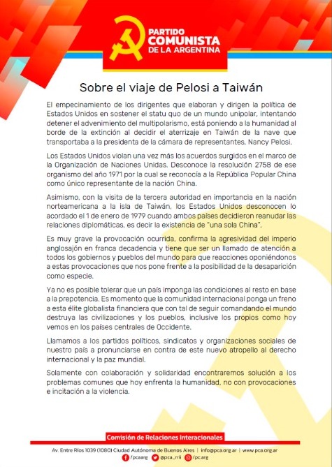 kotvictor's tweet photo. El Gobierno Argentino debe pronunciarse YA condenando esta gravísima provocación de los EEUU contra la soberanía de la República Popular China.
#Pelosi https://t.co/W9El72M1ny