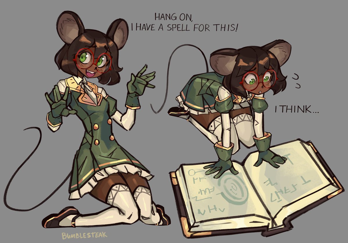 BumbleSteak's tweet image. A mouse and her comically large spellbook 🐁
