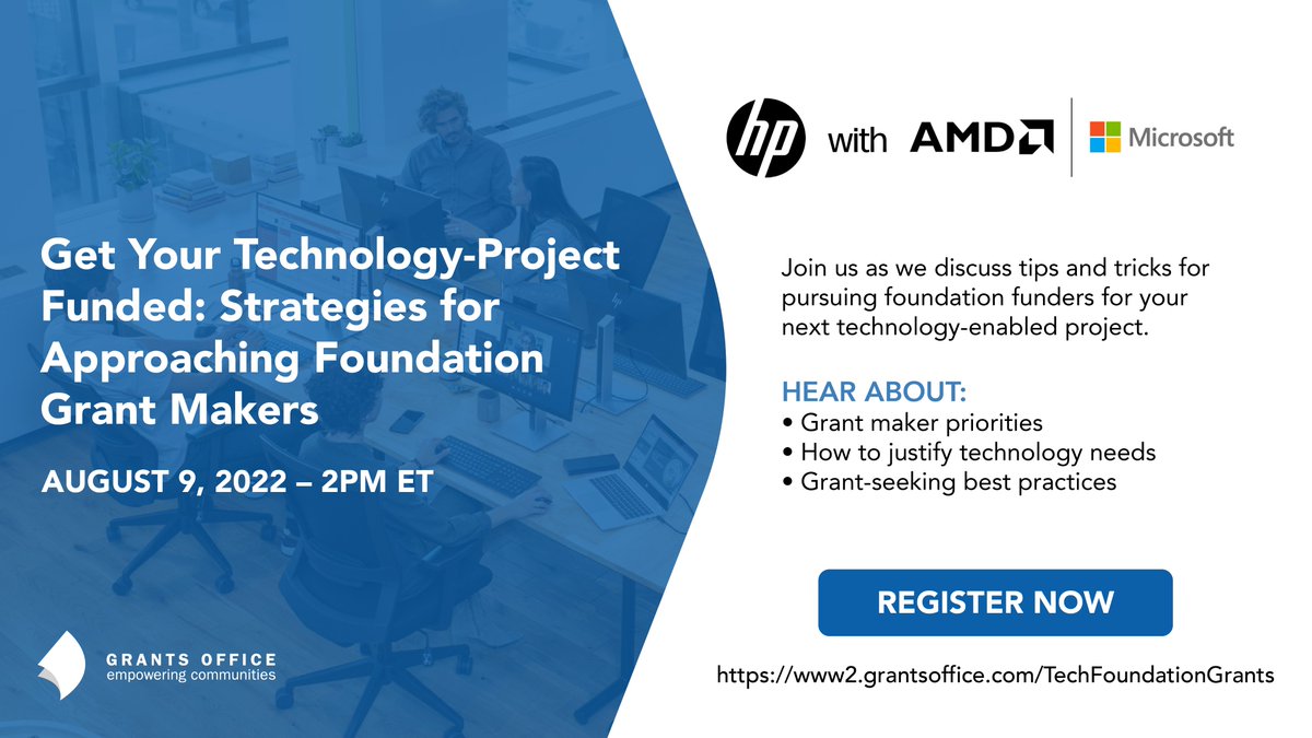 Grants Office, LLC (@grantsoffice) on Twitter photo Private/corporate foundations award millions of dollars in grants each year. Register for our <a href="/GrantsOffice/">Grants Office, LLC</a> #grantscast “Get Your Technology Project Funded,” sponsored by <a href="/HPEDU/">HP Education</a>, <a href="/MicrosoftEDU/">Microsoft Education</a>, & <a href="/AMD/">AMD</a>, to learn how to maximize your funding opportunities.
www2.grantsoffice.com/TechFoundation… Private/corporate foundations award millions of dollars in grants each year. Register for our <a href="/GrantsOffice/">Grants Office, LLC</a> #grantscast “Get Your Technology Project Funded,” sponsored by <a href="/HPEDU/">HP Education</a>, <a href="/MicrosoftEDU/">Microsoft Education</a>, & <a href="/AMD/">AMD</a>, to learn how to maximize your funding opportunities.
www2.grantsoffice.com/TechFoundation…