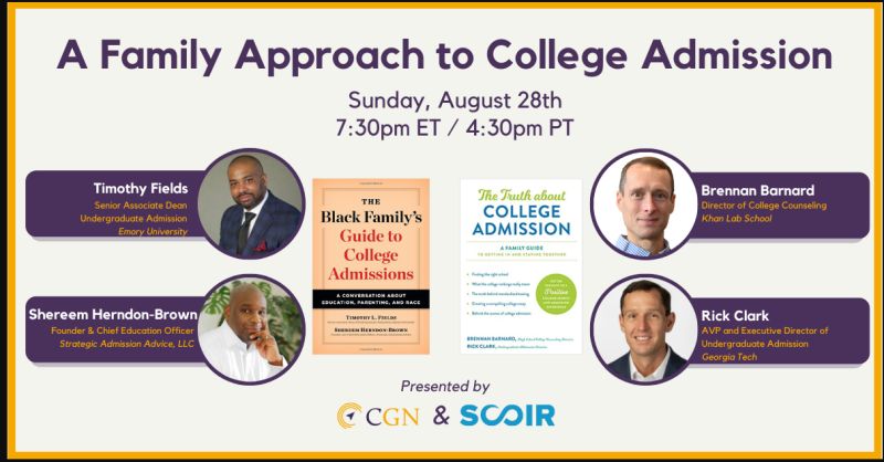 Clark2College's tweet photo. Join us August 28 for a family-based conversation about the college admission experience. Expect good stories/tips/advice &amp; laughs along the way.
Big thanks to @ScoirInc &amp; @CollegeGN 
Register here: https://t.co/CckiK0N2cj @TFIELDS013
@BarnardBrennan @JHUPress https://t.co/hzn2A5arcd