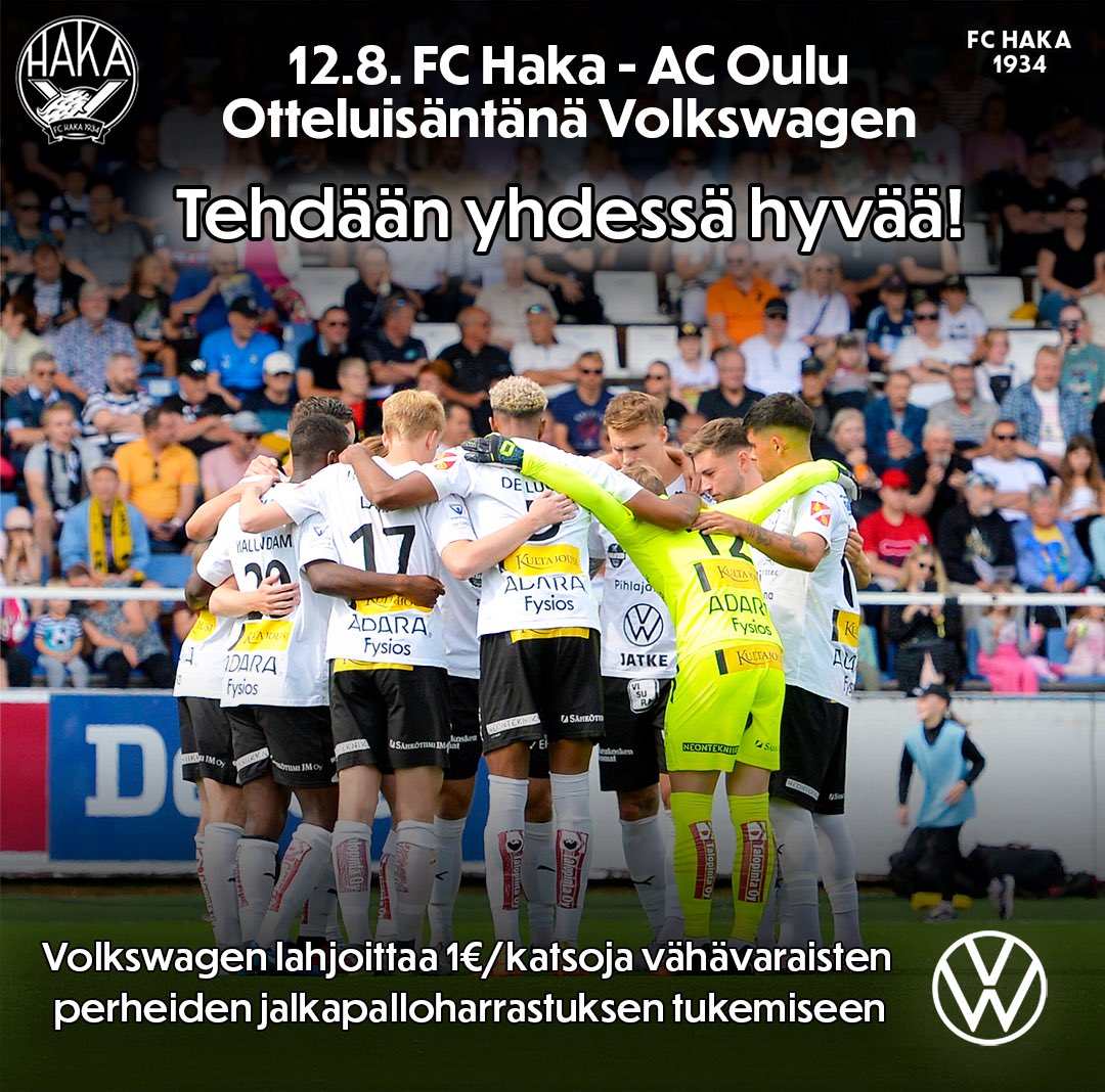 FCHakaOfficial's tweet photo. Perjantaina 12.8. Tehtaan kentälle vieraaksi saapuu AC Oulu. FC Haka ja otteluisäntä Volkswagen järjestävät ottelussa hyväntekeväisyystempauksen - Volkswagen lahjoittaa 1€/katsoja vähävaraisten perheiden jalkapalloharrastuksen tukemiseen. 🤍🖤

Lue lisää: https://t.co/QaRsXymNzT https://t.co/8Dd19u6uSH