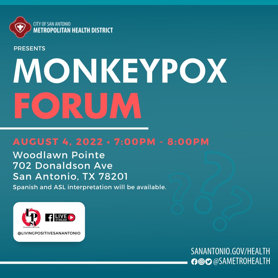 PrideCenterSA's tweet photo. Join us for a Q &amp; A session hosted by Living Positive San Antonio. Metro Health experts will present information and answer your questions about the Monkeypox Virus.
 
#pridecentersa #woodlawnpointe #livingpositive #sanantonio #monkeypox #LGBTQ #safesex https://t.co/1NrmEaO1Dt