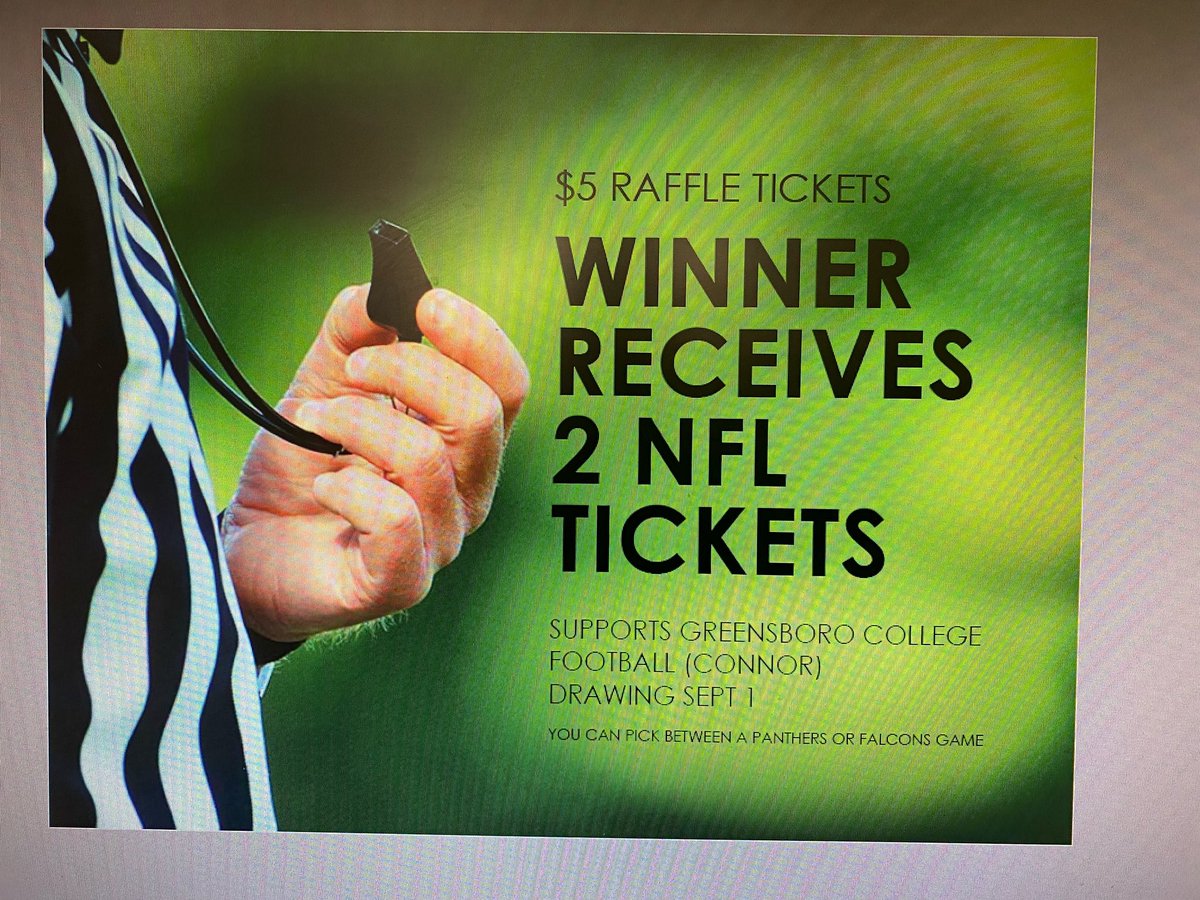 GraffamConnor's tweet photo. $5 raffle tickets for a chance to win 2 NFL tickets 
Thanks for supporting Greensboro College Football 
Message me if you want to buy 1 or 10. https://t.co/XfFEmBb70G