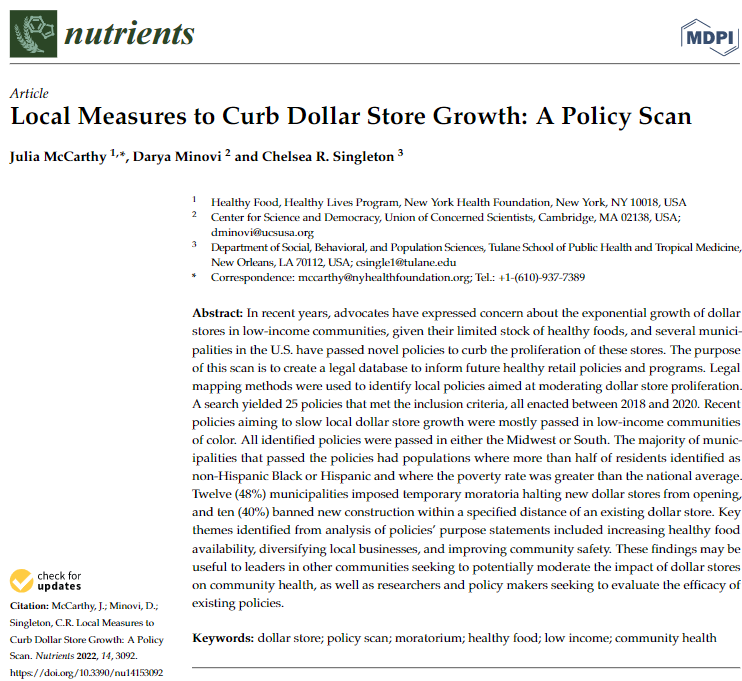 DrCRSingleton's tweet photo. Excited this article is FINALLY out! 🥳

We summarized the legal mechanisms of 25 policies passed in the US from 2018-2020 that aim to slow or halt #dollarstore growth. Most were passed in low-income communities of color. @jemccarthy76

Check it out: https://t.co/KwrA7RHAgB. https://t.co/3wukNbNMsM