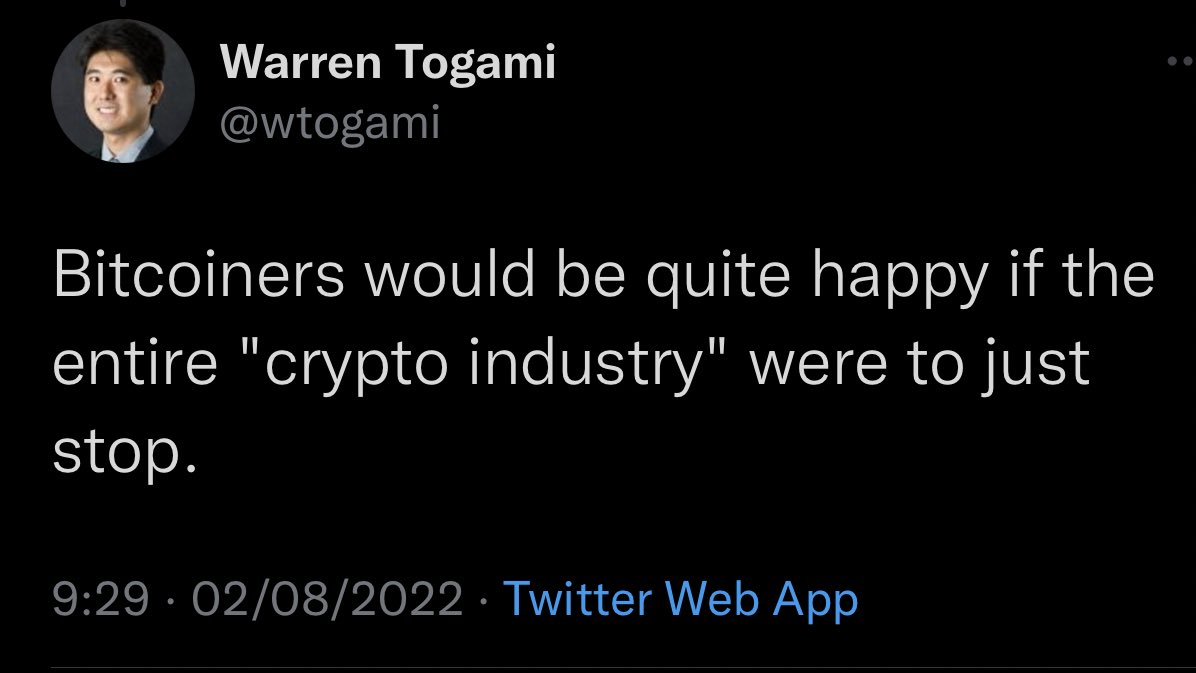 this is false

about 80% of bitcoiners also own other crypto assets, and they want the crypto industry to flourish

it’s only a small online cult of maxis that takes pleasure in hallucinating about an entire industry ceasing to exist