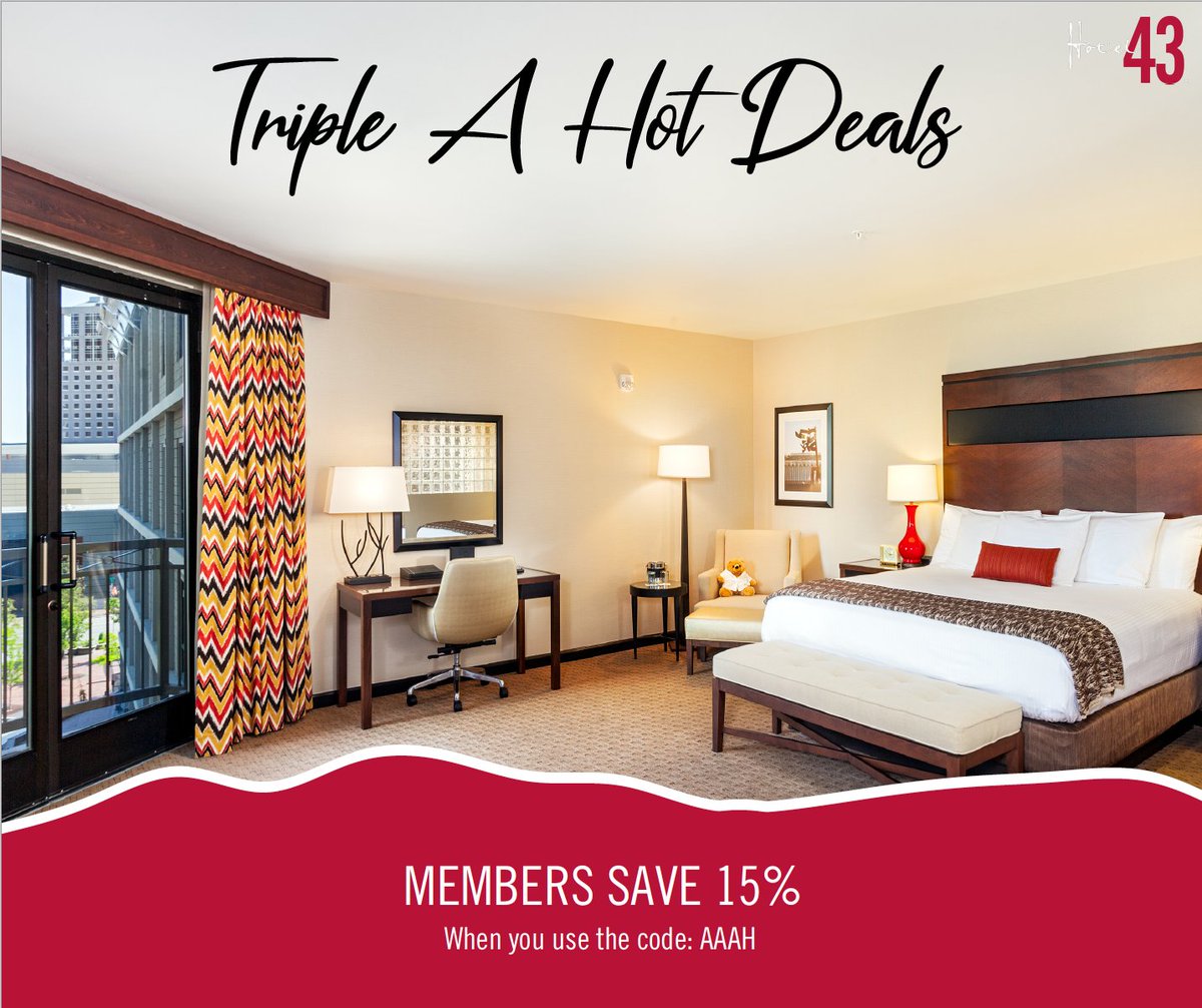 Hotel43's tweet photo. Did you know that if you're a AAA member you get a discount?! Save 15% on your hotel stay today when you use the code AAAH for this hot deal 🔥

#hotel43 #aaa #hotdeal #boise https://t.co/5BMxkoV0Ik