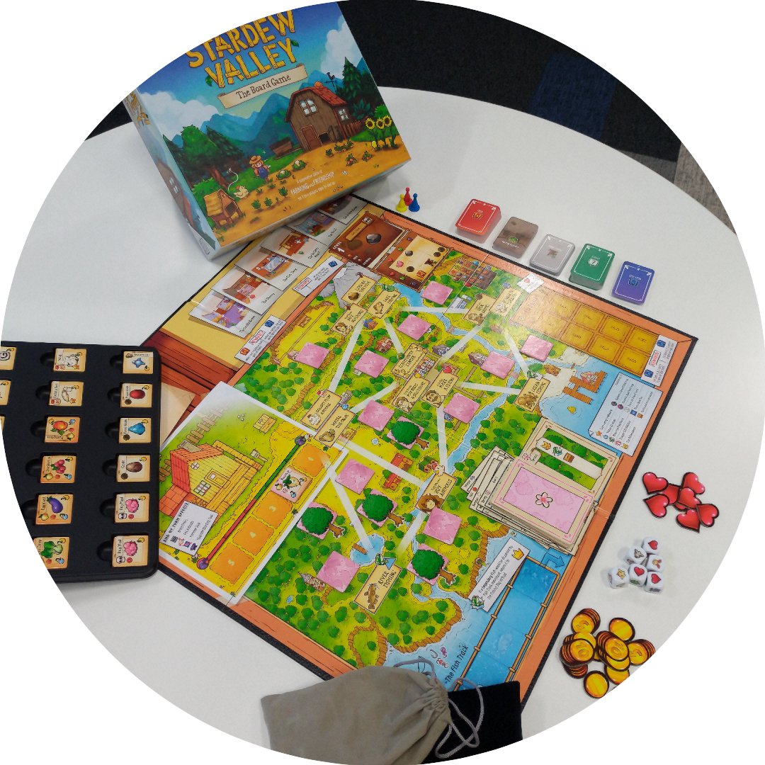 Based on the awesome computer game Stardew Valley, but now in board game form! This is a cooperative game were you will farm, fish and find all kinds of different resources and maintain your family farm to fulfil your Grandpa's Goals and restore the Community Centre! 🐄👩‍🌾⭐