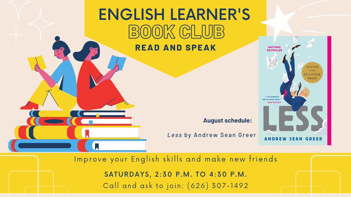 MontereyParkLib's tweet photo. Join our Book Club for adult English language learners and improve reading and speaking skills. Books are free to all participants, and you must be enrolled in the LAMP program to participate. Space is limited! Call 626-307-1251 and ask to join. #SGV #MontereyPark #MPKLib https://t.co/Wk68JMPSSj
