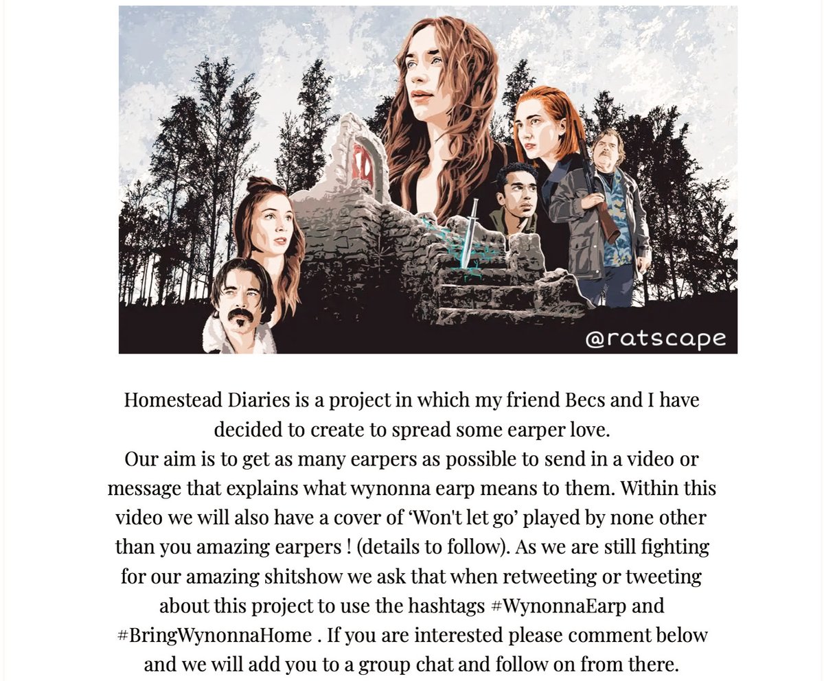 Wildwavesearp's tweet photo. Calling all #Earpers !!

Wanna spread some Earper love ? Homestead Diaries is just the project for you! 🤍
(see attached image below)

#WynonnaEarp #BringWynonnaHome https://t.co/NTVXCNAcBm
