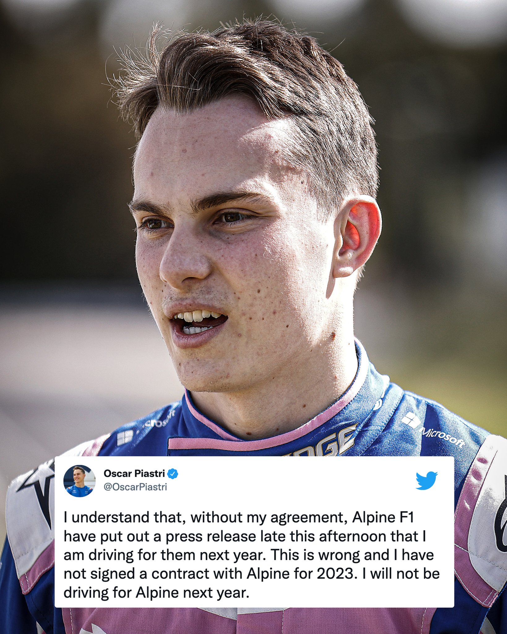 ESPN F1 on Twitter "Oscar Piastri announces he will NOT be driving for