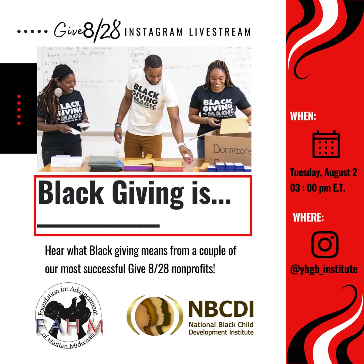 YBGB_Institute's tweet photo. We have one hour until our #InstagramLivestream!!! Join us at 3 p.m. on our Instagram (@ybgb_institute) to hear about two successful organizations’ experiences with #Give828 in previous years.
#BlackGivingIsMagic #GiveBack #BPM2022 #Donate #InstagramLivestream #BlackLed https://t.co/hhwQfSasMY