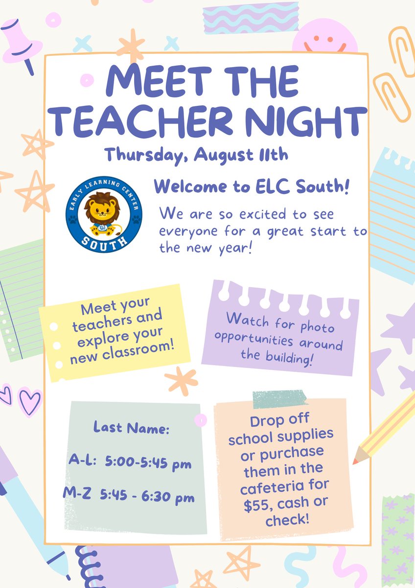 Meet the Teacher Night is Thursday, August 11th.
For families with last names starting with A-L the time is 5PM to 5:45PM
For families with last names starting with M-Z the time is 5:45PM to 6:30PM
We can't wait to meet out new #LionCubs