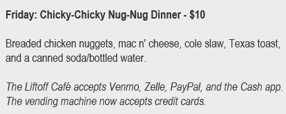 kenny21fm's tweet photo. This is an actual food item from NASA's "Liftoff Cafe" haha Chicky-Chicky Nug-Nug ... and I want it haha Thanks for the laugh #NASA #JSC #Houston #NASAJohnson https://t.co/CTXkyzvfCw