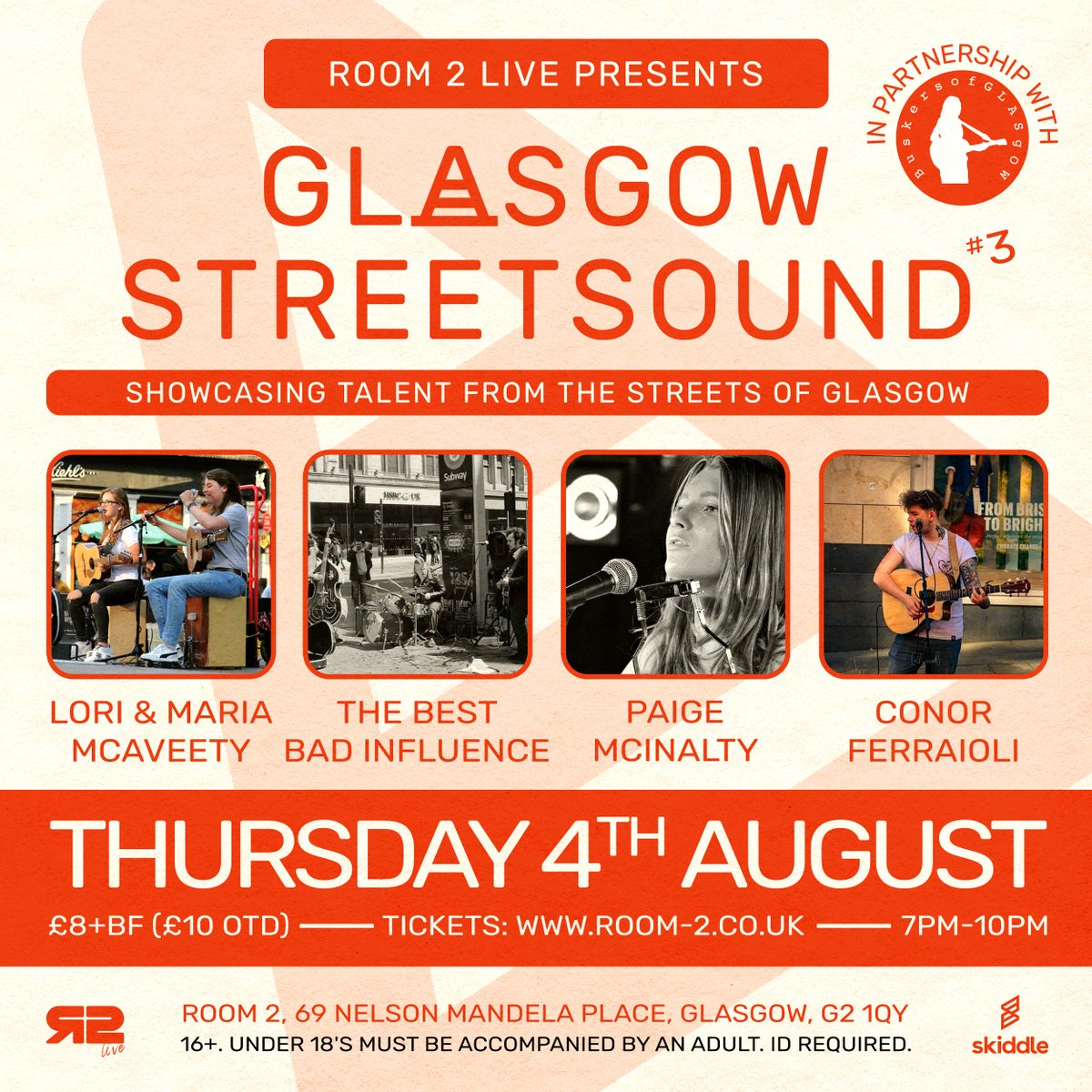 room2glasgow's tweet photo. This Thursday (7-10pm) we are back with our third #GlasgowStreetsound gigs in partnership with @buskglasgow

With another stellar line-up featuring Lori &amp; Maria, @officialtbbi @PaigeMcInalty @FerraioliConor 

@skiddle https://t.co/WCNIYfEp1R https://t.co/EmBL8Fj7Jn
