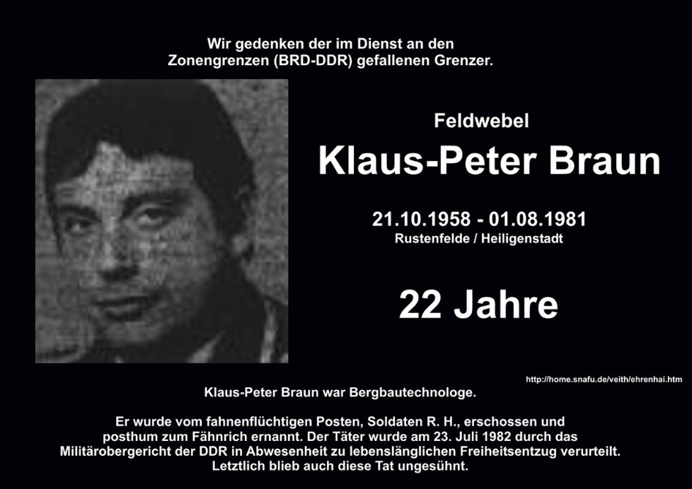 karl_ost's tweet photo. Wir dienen der Deutschen Demokratischen Republik #DDR
#AndiesemTag: 01.08.1981
Wir gedenken unserer im Dienst an unserer sozialistischen Heimat gefallenen Grenzer:
Feldwebel Klaus-Peter Braun, 22 Jahre
21.10.1958 - 01.08.1981
#Rustenfelde / #Heiligenstadt https://t.co/4gBQ0709lo