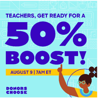 Thanks to Bill Gates, all donations to <a href="/DonorsChoose/">DonorsChoose</a> projects will receive a 50% boost on Aug 9! Get ready to refresh your classroom library, create flexible seating options, or stock up on back to school basics!  donorschoose.org/teachers 📚✂️🖍️  #Lex1Grants
