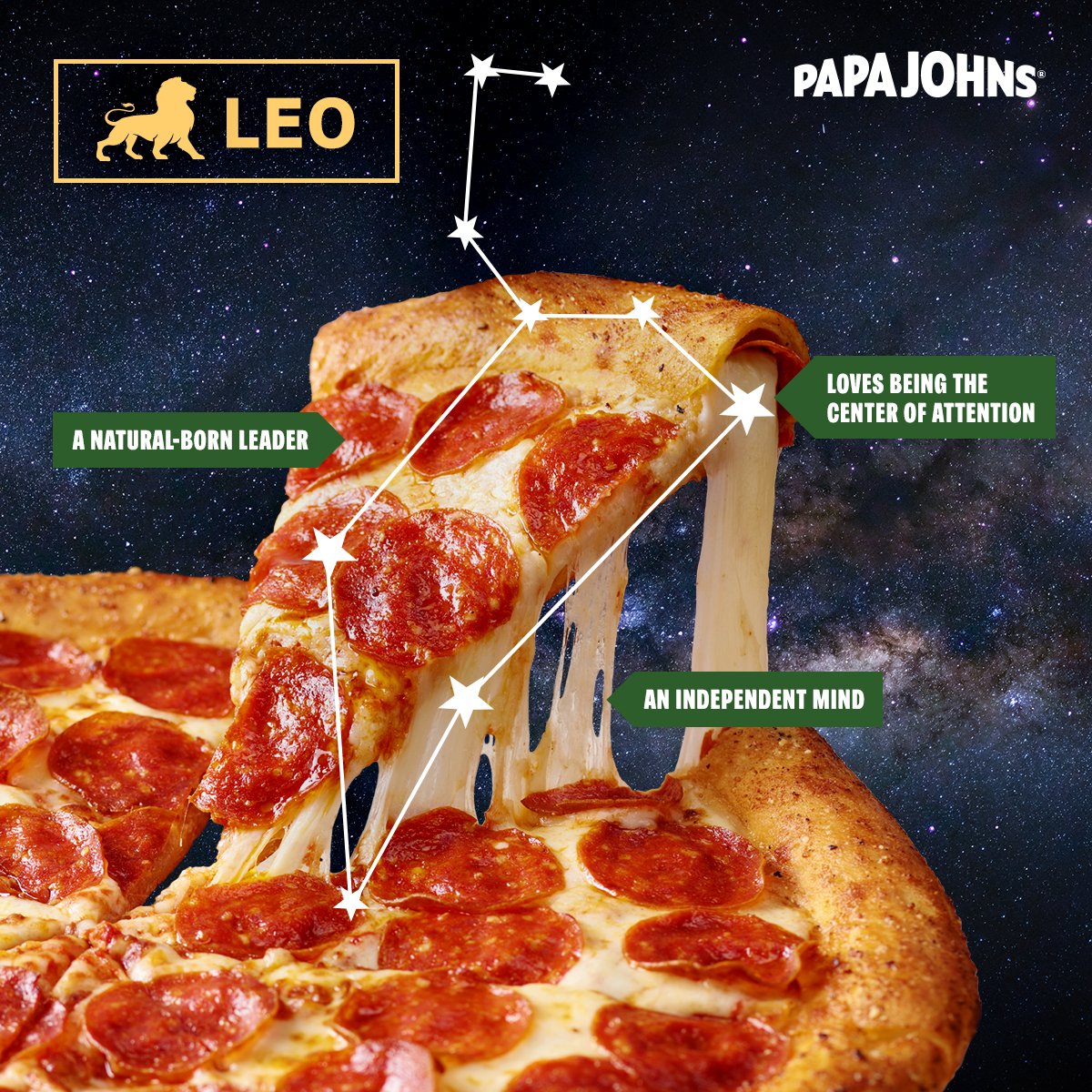 PapaJohnsCOMO's tweet photo. If the Epic Pepperoni-Stuffed Crust Pizza had a zodiac sign, it would definitely be a Leo 🦁. What's yours? https://t.co/Kv4Lu46xOx