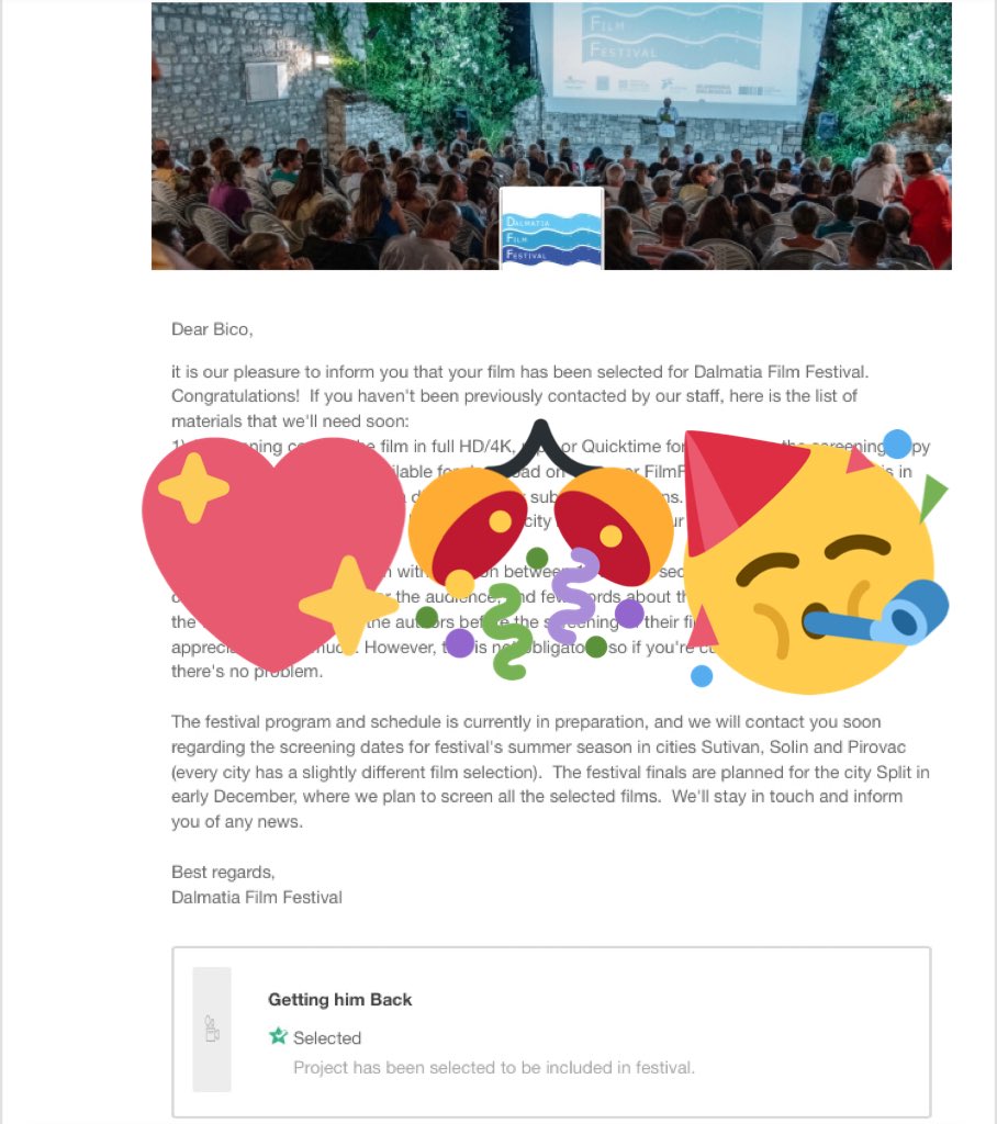Bicolinchen's tweet photo. Mein Film GETTING HIM BACK ist Official Selection beim Dalmatia Film Festival!! Diesen Sommer Open Air in Kroatien! 🥳🥳🥳
Freu mich sehr!
#kurzfilm #shortmovie #FilmFestival #GettingHimBackFilm #BicolutionPictures https://t.co/77ehZF1KfM