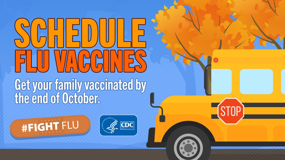 CDCFlu's tweet photo. Parents: Flu season is around the corner, don’t forget to schedule your family for their annual #flu vaccine! September and October are good times to get vaccinated. #FightFlu and schedule your appointment today: https://t.co/wl8IVYvBdd https://t.co/3Ai9YycwEw