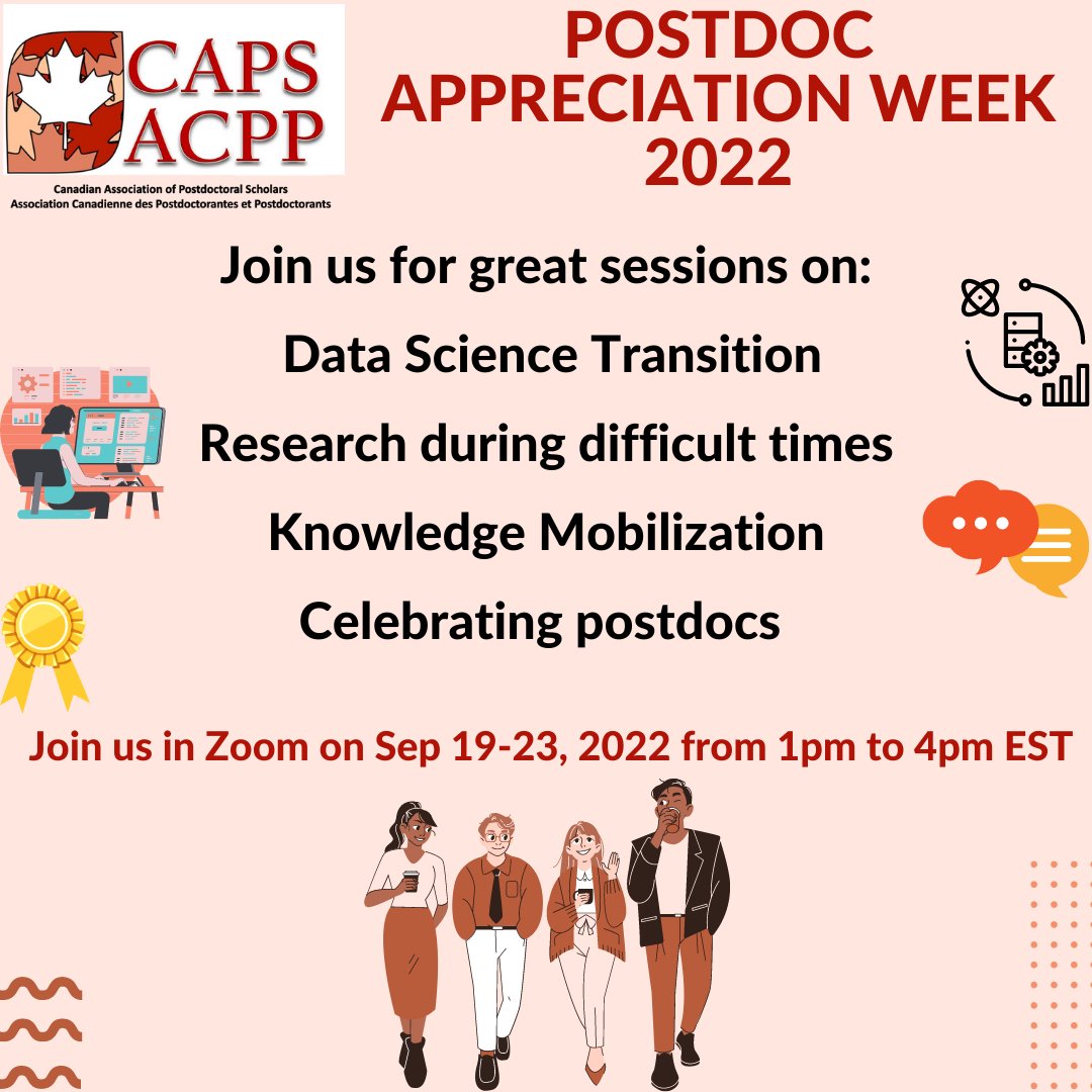 CAPSACPP's tweet photo. Hello postdocs, please join #CAPS_ACPP for the #PostdoctoralAppreciationWeek (PAW) on Sep 19-23th, 2022, in Zoom from 1pm-4pm EST. This is an excellent opportunity to hear from diverse speakers #LupinBattersby, #AnnemarieFraser, #FarhadMaleki, #EmmaGriffiths, #ChrisCorkery. https://t.co/5NMBR7tzDS